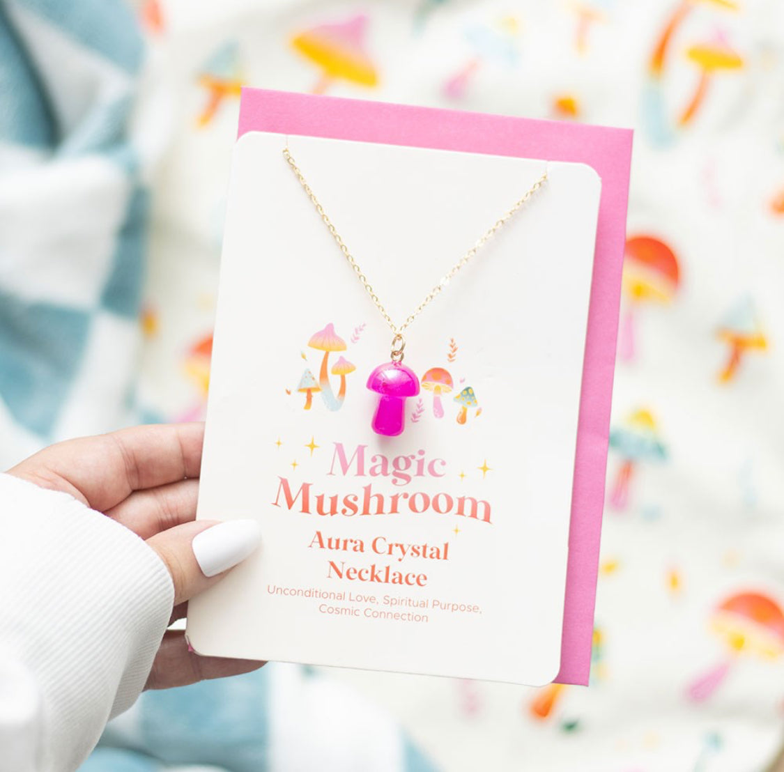 Pink Crystal Mushroom Necklace Card