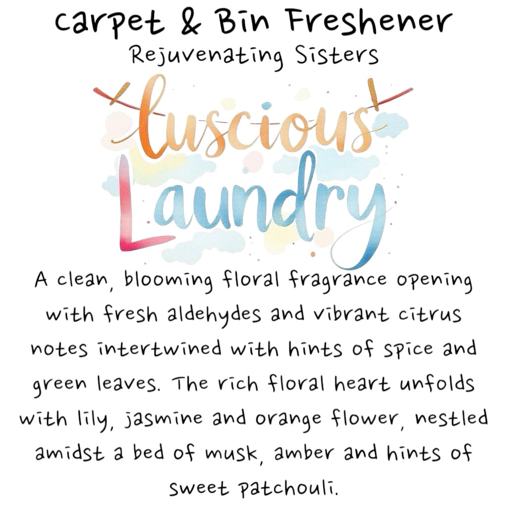 CARPET & BIN FRESHENER – Scented blend for a fresh, long-lasting aroma. Available in mixed 150g scents, including Fruity, Masculine, Feminine, and Bath, Body & Laundry-inspired fragrances.