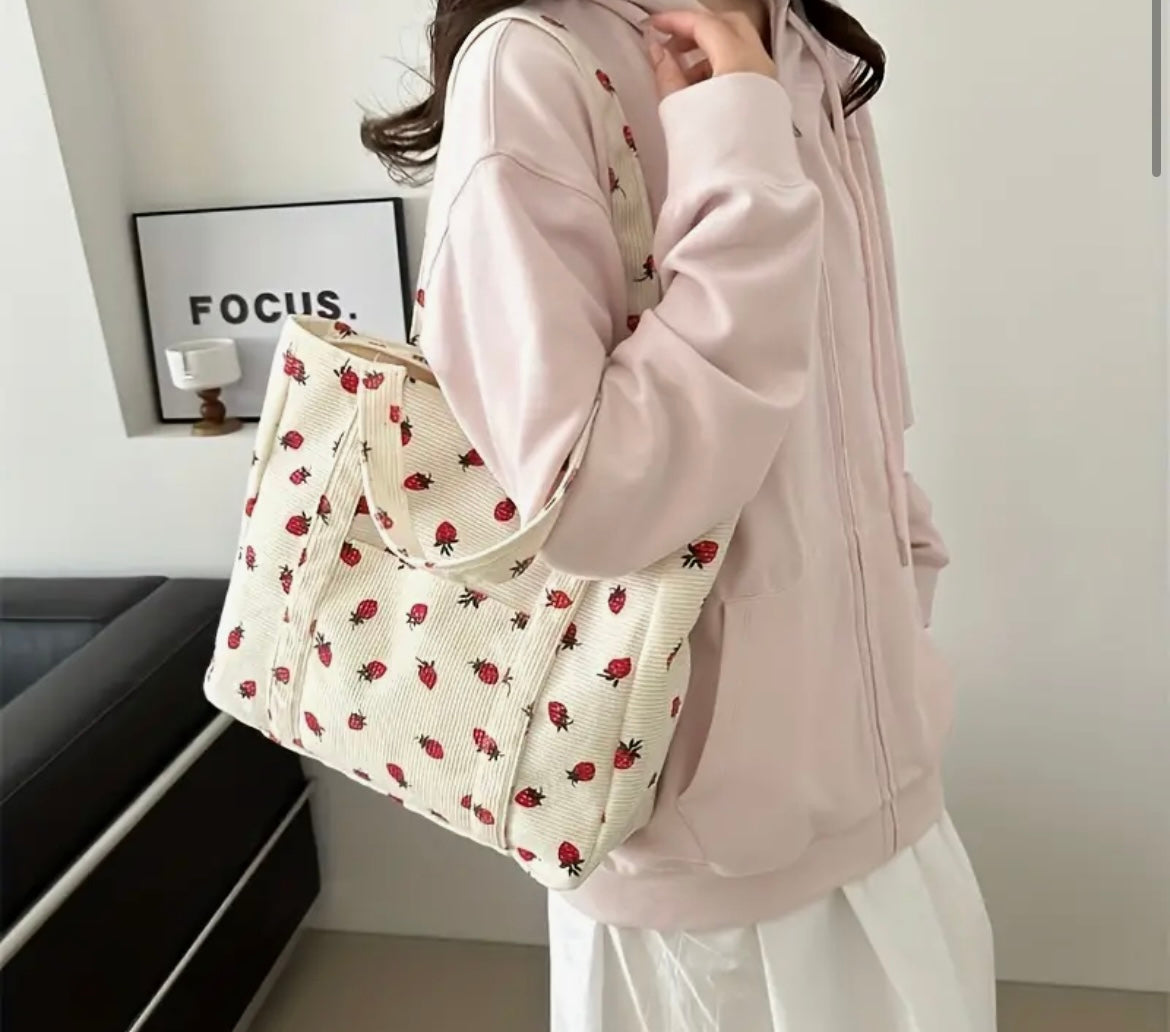 LARGE CAPACITY FASHION TOTE BAG- SHOULDER HANDBAG WITH STRAWBERRY PRINT