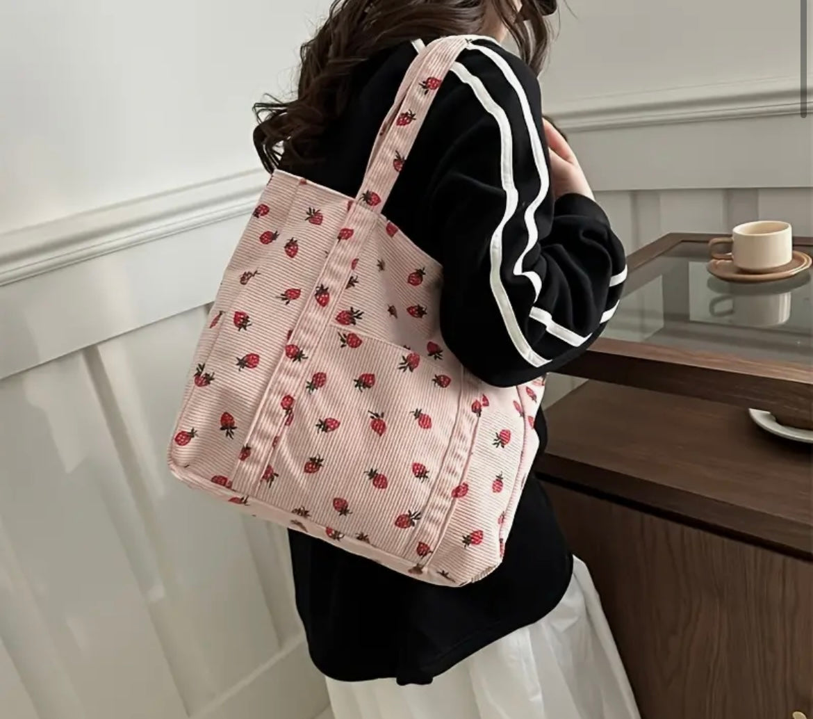 LARGE CAPACITY FASHION TOTE BAG- SHOULDER HANDBAG WITH STRAWBERRY PRINT