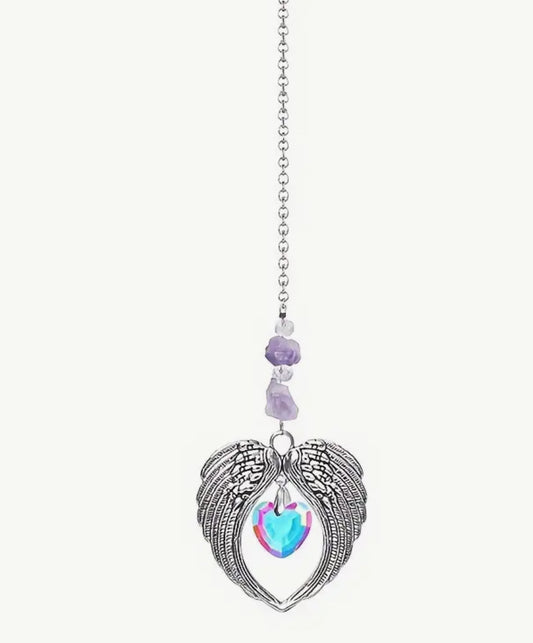 SUN CATCHER ANGEL WINGS HEART PURPLE CRYSTAL