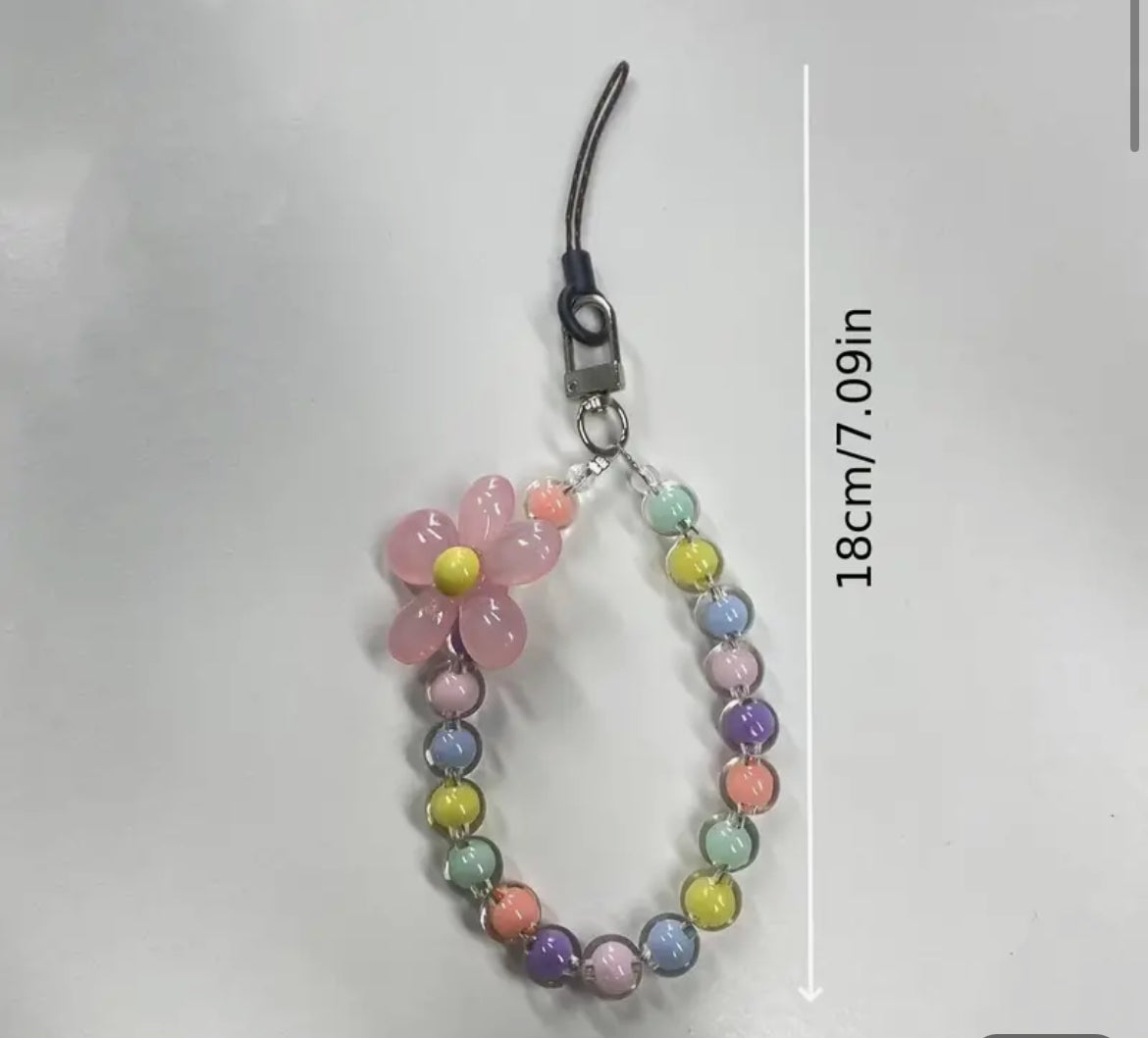 BEADED PHONE LANYARD WITH FLORAL CHARM