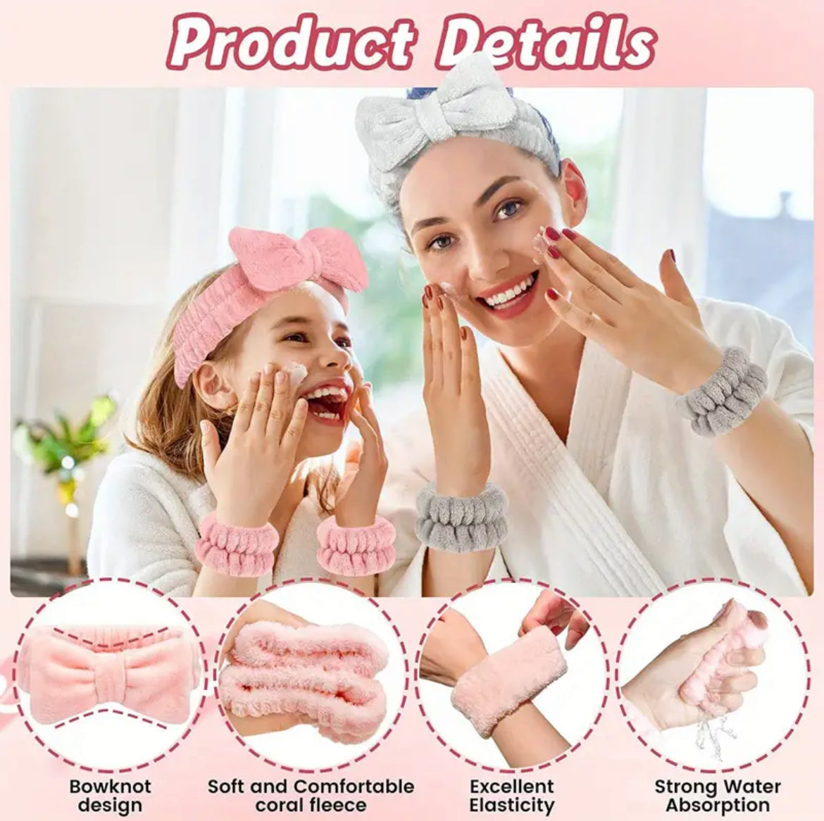 FLUFFY LOVELY BOWKNOT HEADBAND WATER ABSORBENT WRISTBAND 3PCS SET