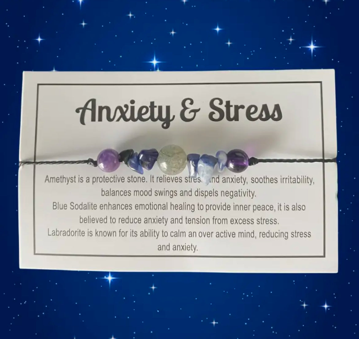 ANXIETY & STRESS CRYSTAL BRACELET- Expanding with card.